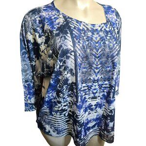 Womens Blue & White Abstract Print Blouse Gorgeous 3/4 Sleeve Size 26/28 JJ4069